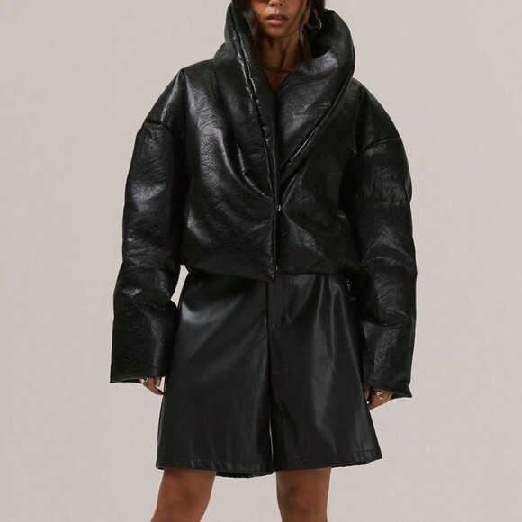 Black Casual Women's Thick Padded Fold Over Collar Faux Leather puffer Coat - Picture 4 of 5